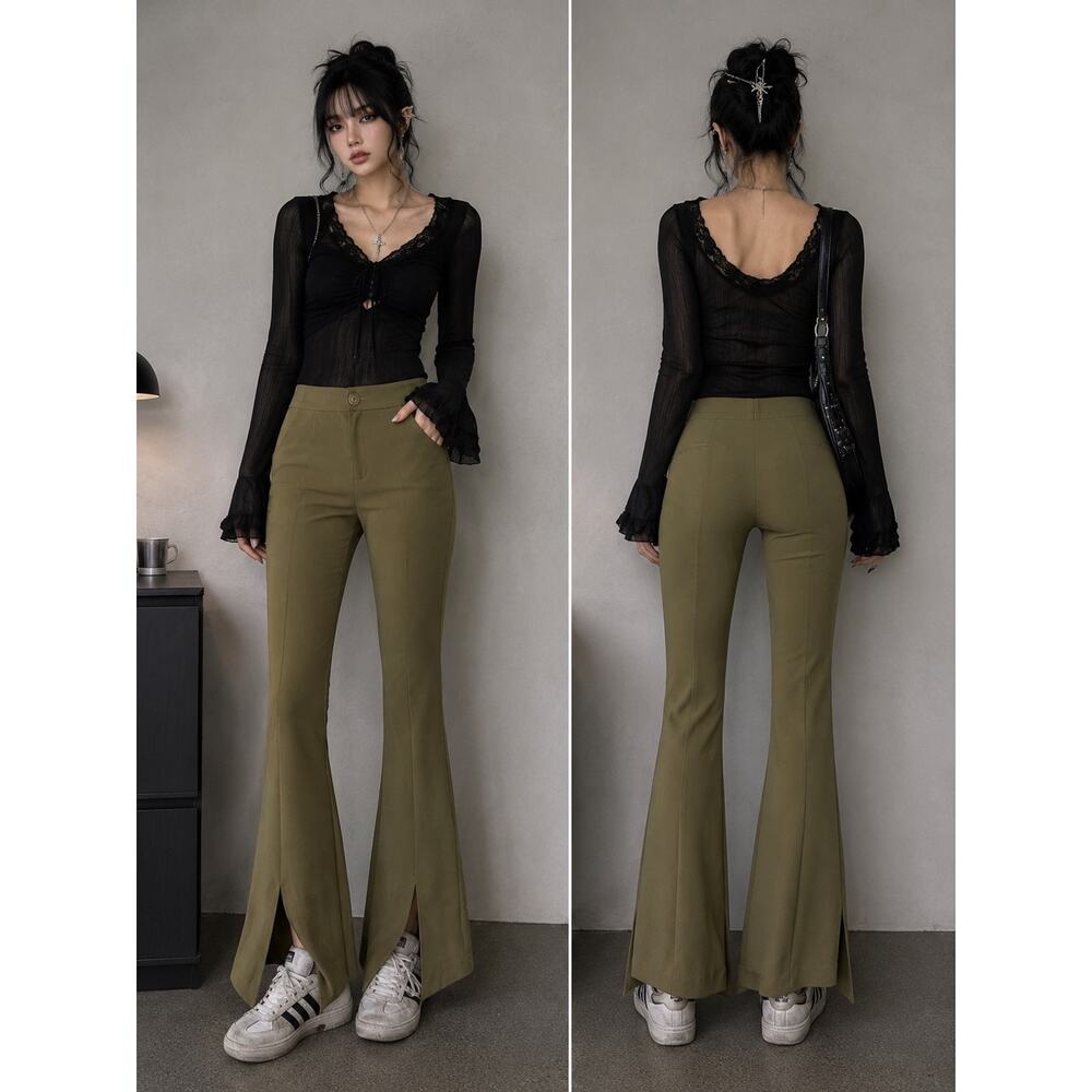 SHEIN Premium Olive Green Flare Pants XS Trouser Pockets Office Siren Fairy Goth